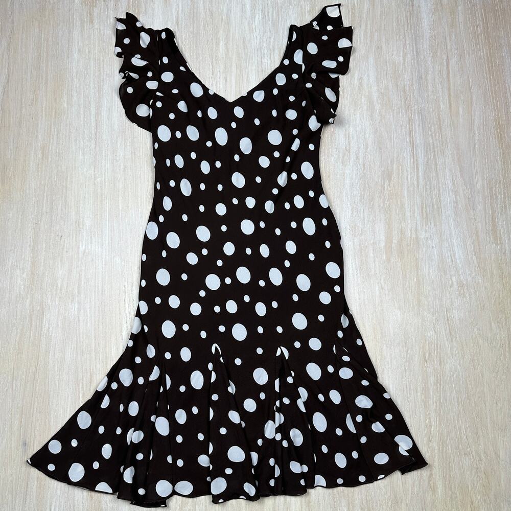 S.L Fashions Vintage 90s Y2K Brown White Polkadot Flutter Sleeves Midi Dress 8